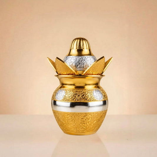 Gold German Silver Pooja Kalash With Decorative Embossing And Velvet Gift Box
