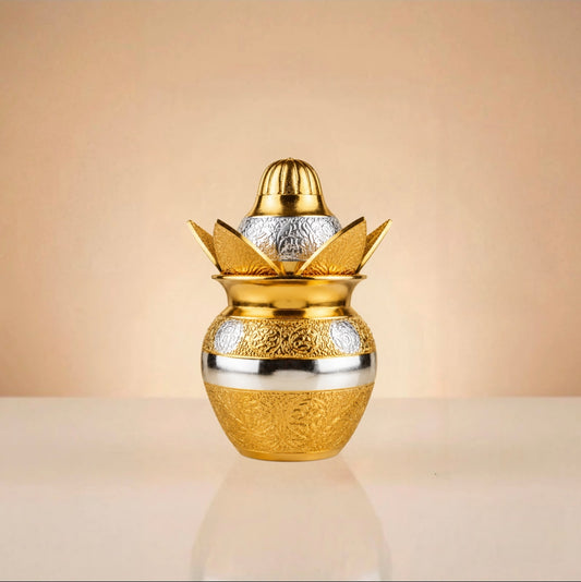 Gold German Silver Pooja Kalash With Decorative Embossing And Velvet Gift Box